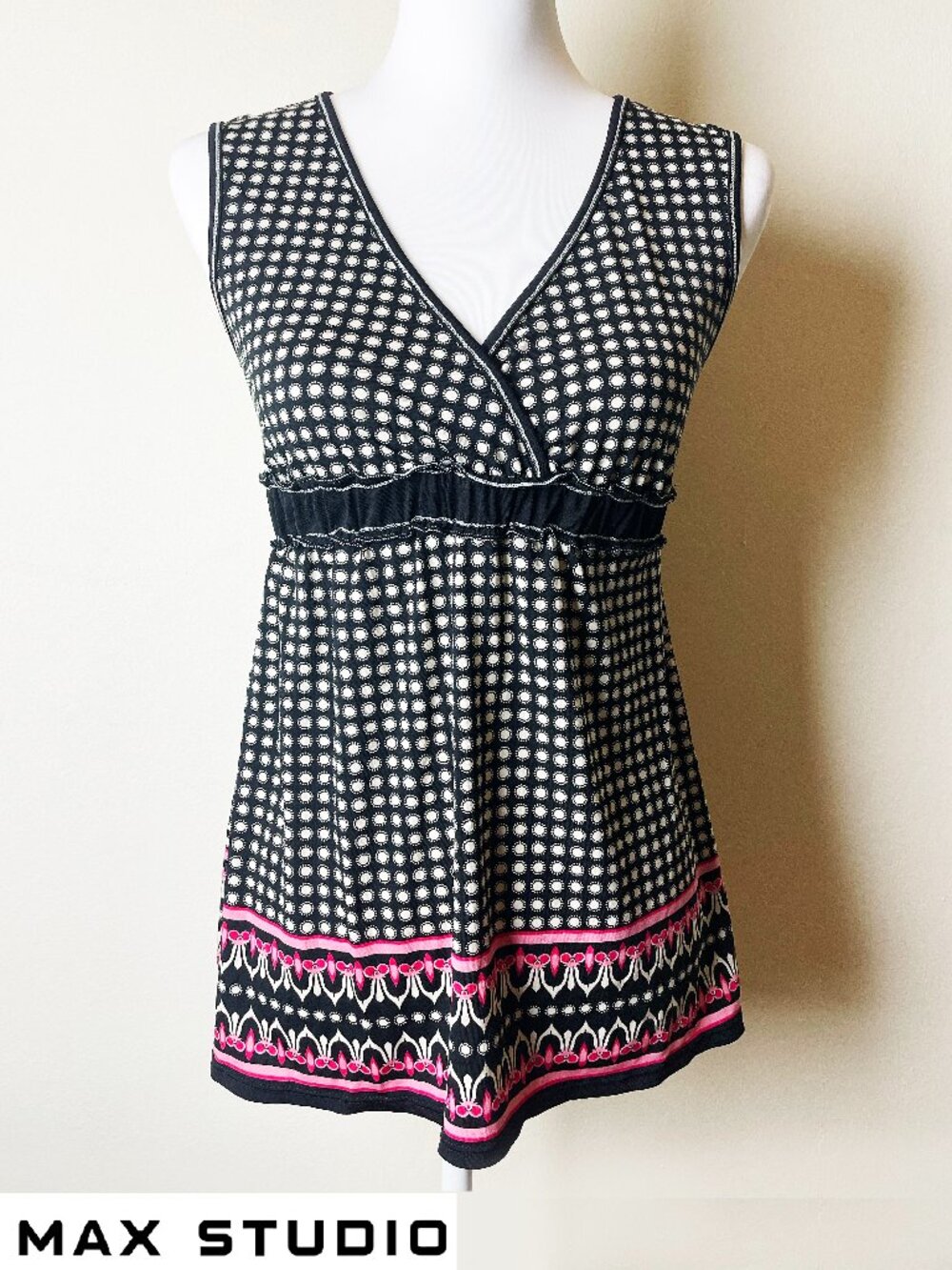 Max Studio Black White Polka Dot Babydoll Tunic Tank Top Pink Trim | Size XS EUC